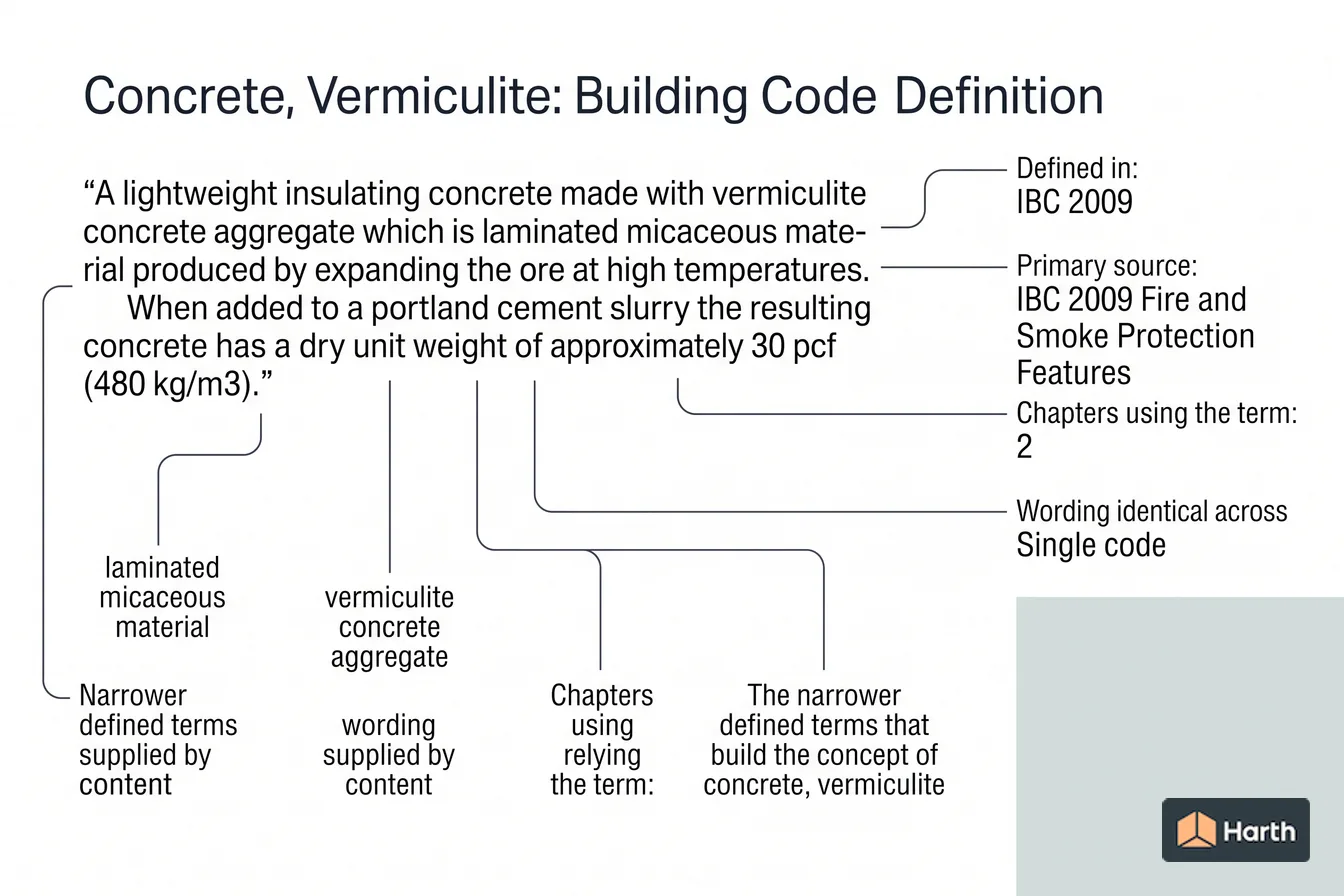 Labeled code-term definition diagram: Concrete, Vermiculite: Building Code Definition