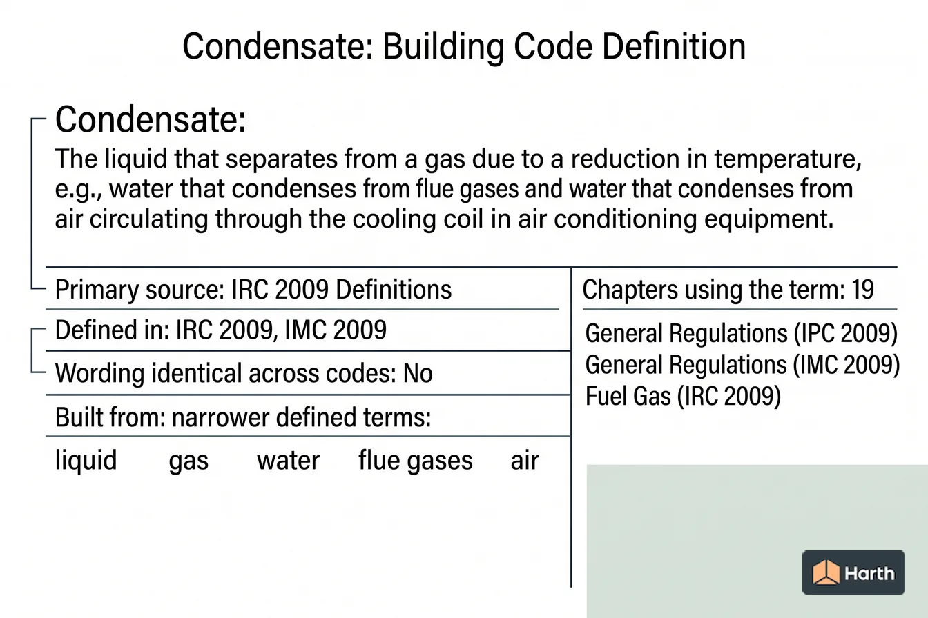 Labeled code-term definition diagram: Condensate: Building Code Definition
