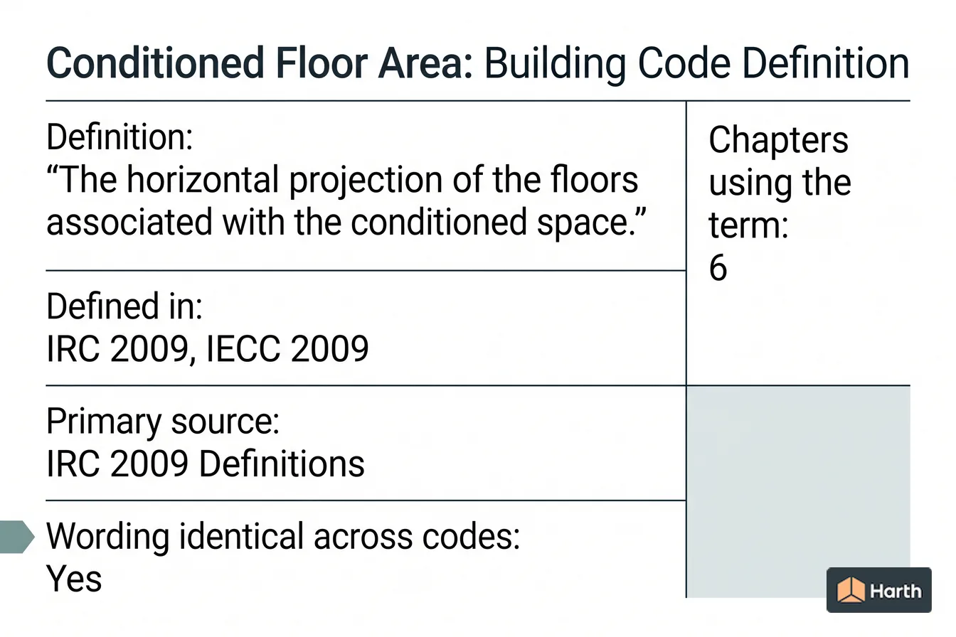 Labeled code-term definition diagram: Conditioned Floor Area: Building Code Definition