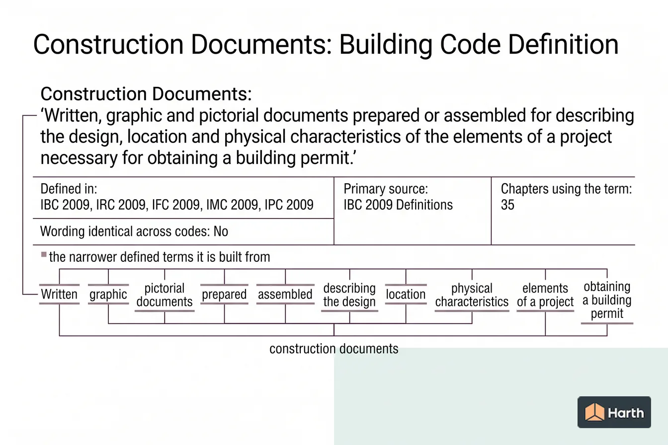 Labeled code-term definition diagram: Construction Documents: Building Code Definition