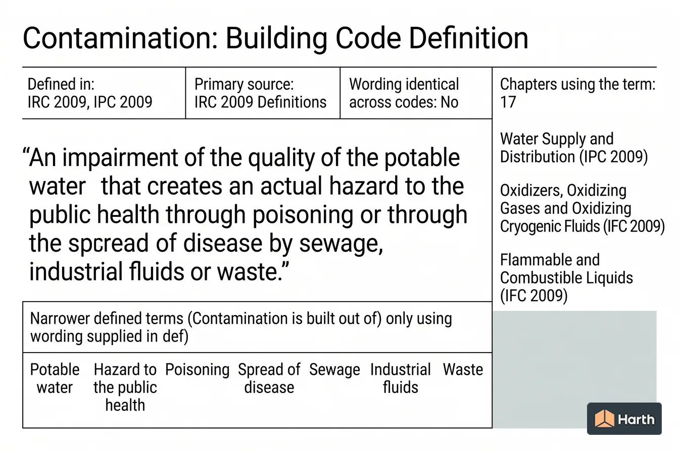 Labeled code-term definition diagram: Contamination: Building Code Definition