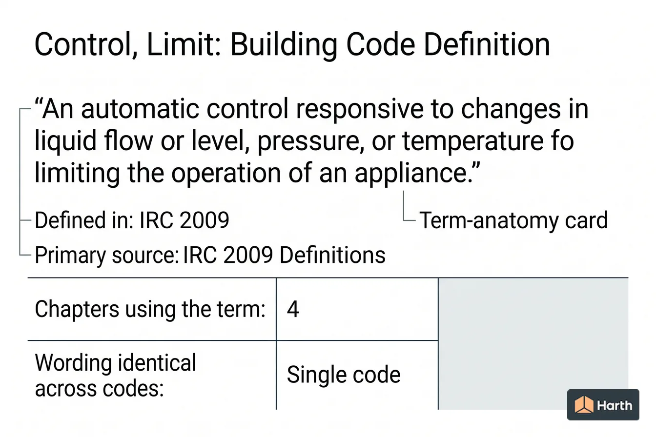 Labeled code-term definition diagram: Control, Limit: Building Code Definition