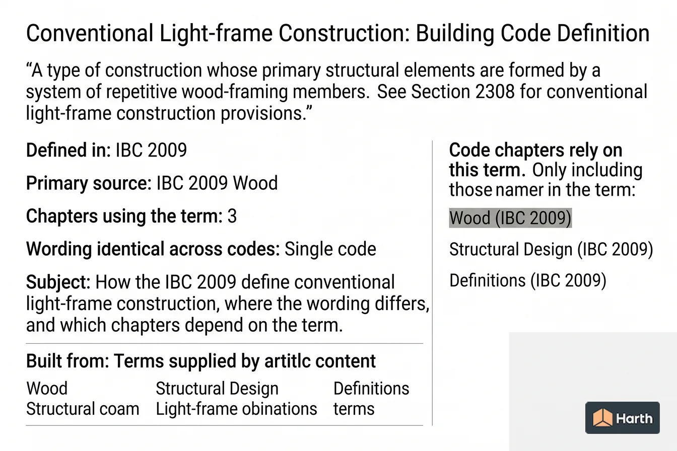 Labeled code-term definition diagram: Conventional Light-frame Construction: Building Code Definition