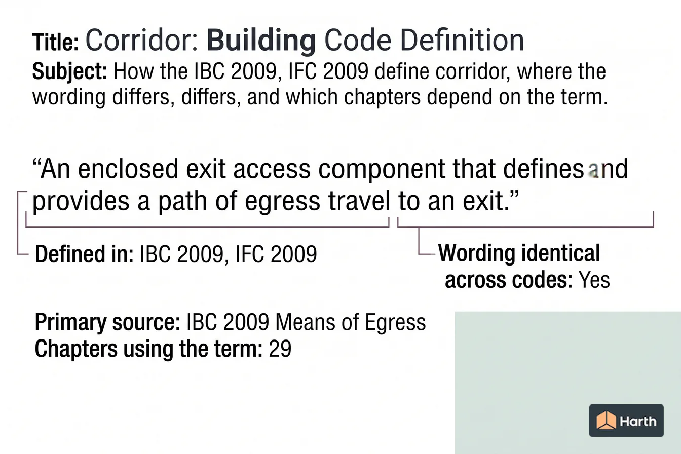 Labeled code-term definition diagram: Corridor: Building Code Definition