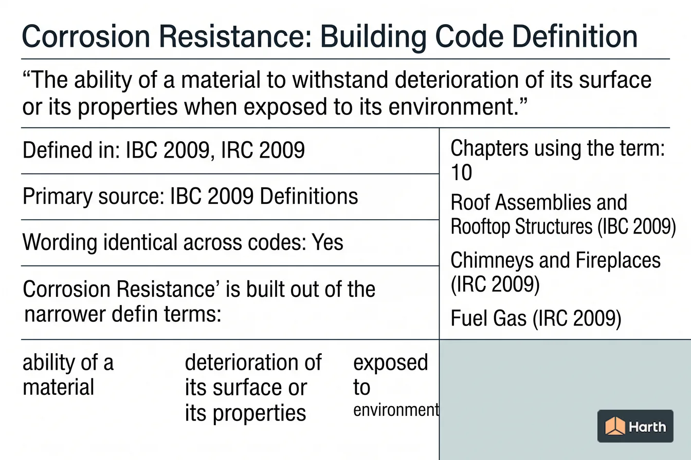 Labeled code-term definition diagram: Corrosion Resistance: Building Code Definition