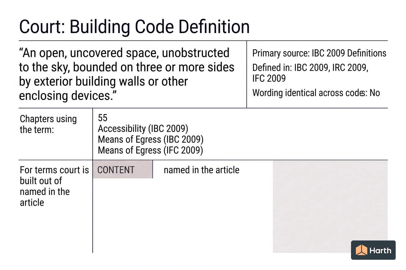Labeled code-term definition diagram: Court: Building Code Definition