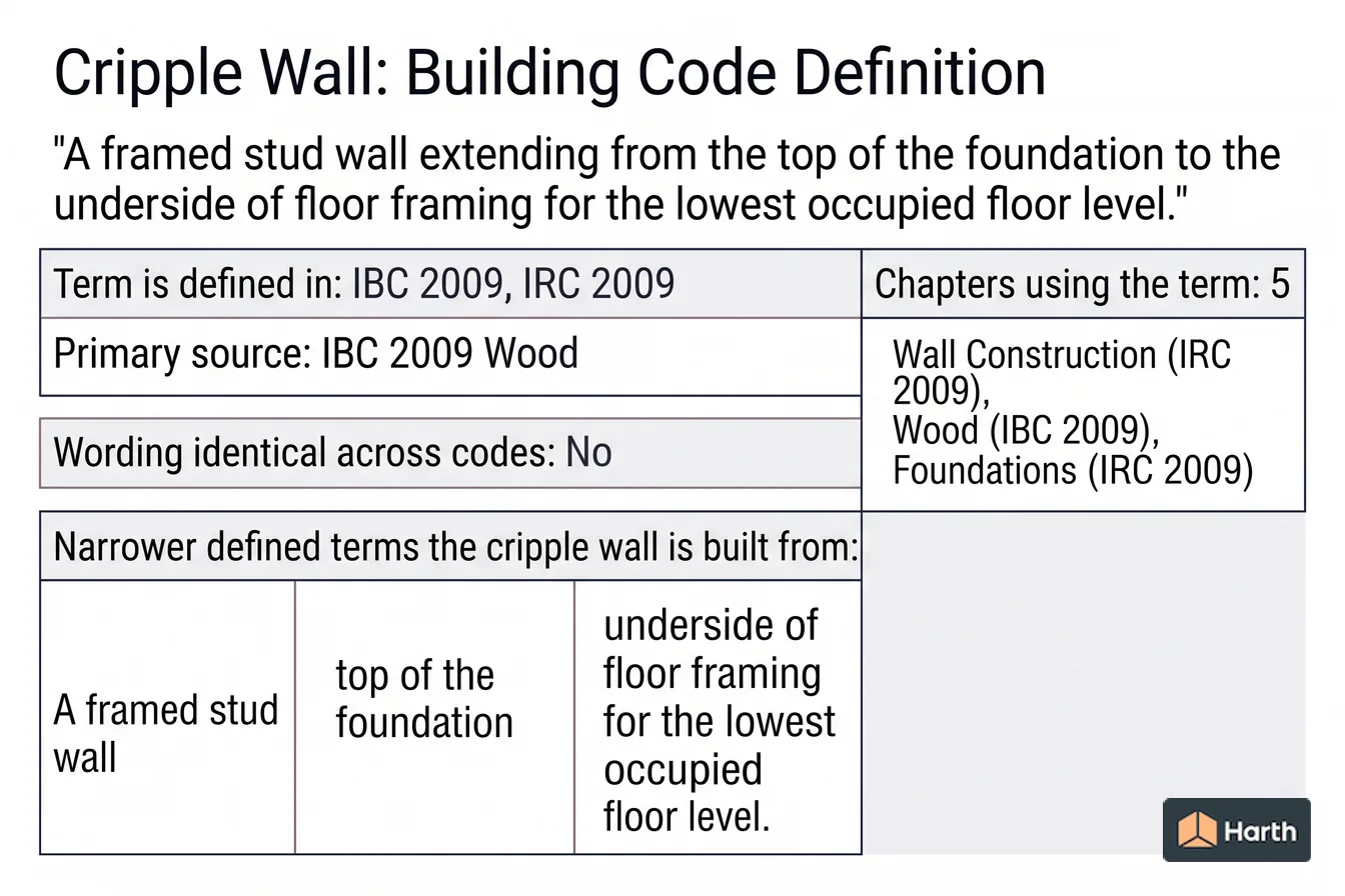 Labeled code-term definition diagram: Cripple Wall: Building Code Definition