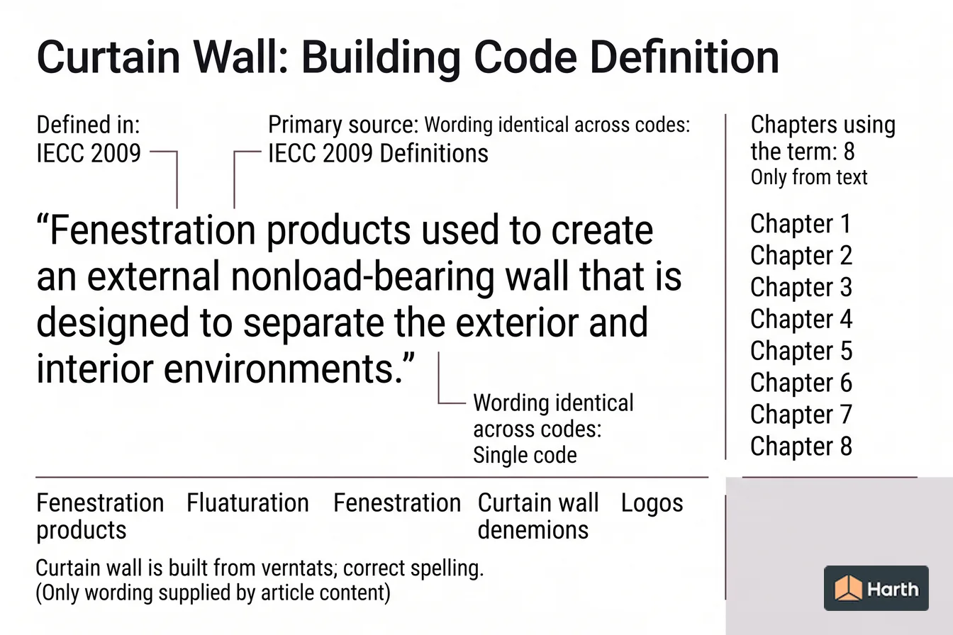 Labeled code-term definition diagram: Curtain Wall: Building Code Definition