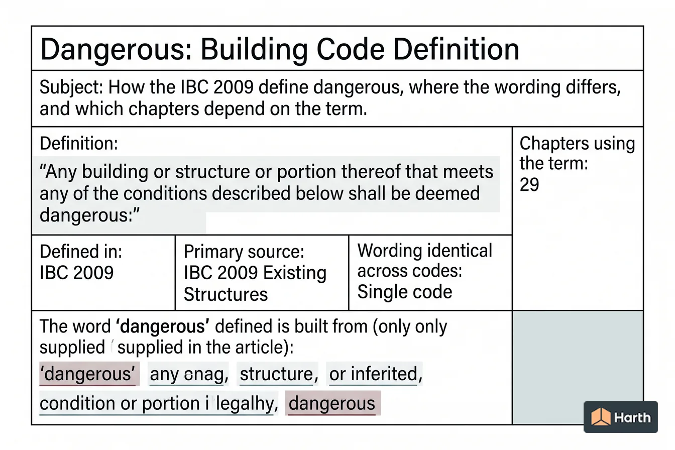 Labeled code-term definition diagram: Dangerous: Building Code Definition
