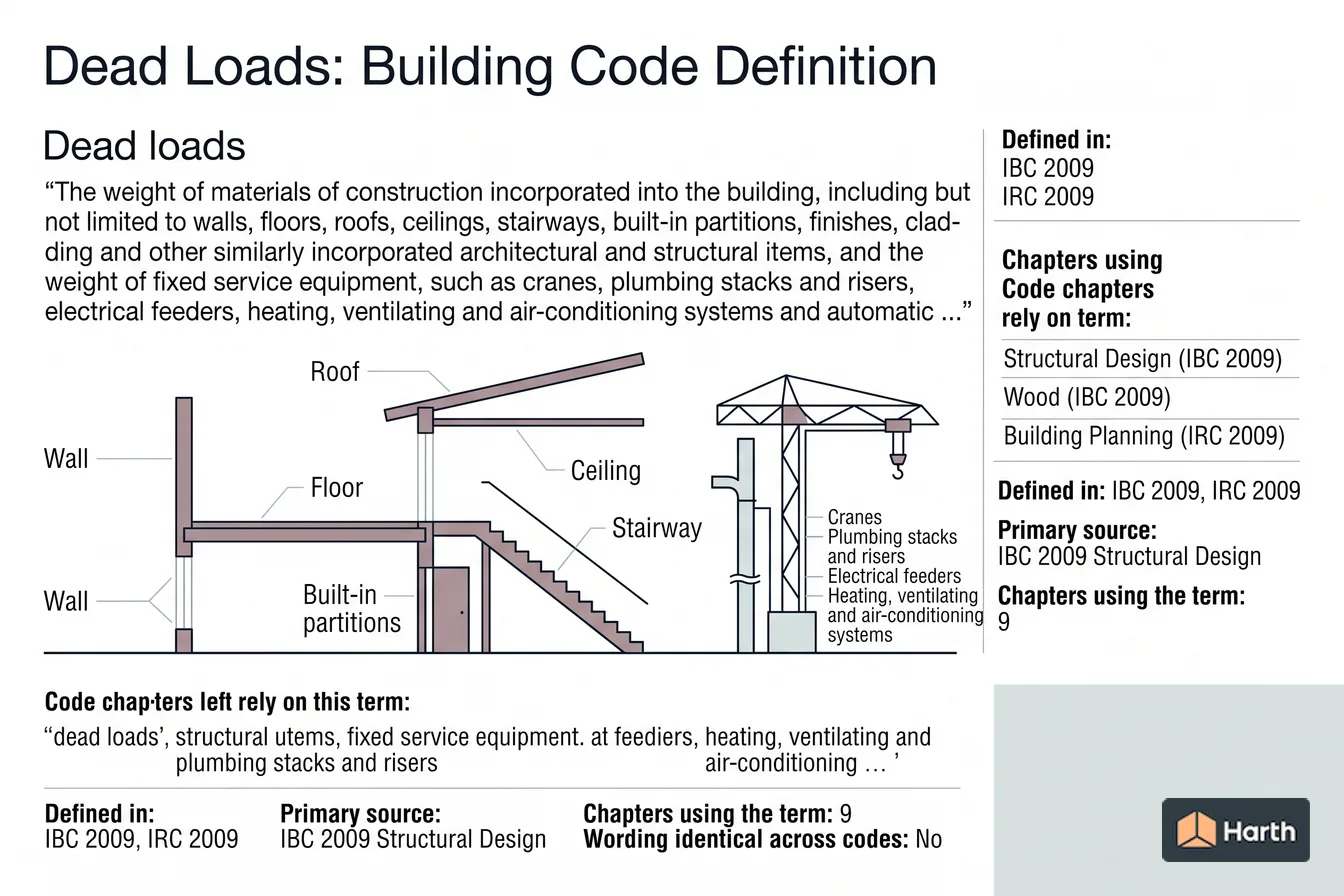 Labeled code-term definition diagram: Dead Loads: Building Code Definition