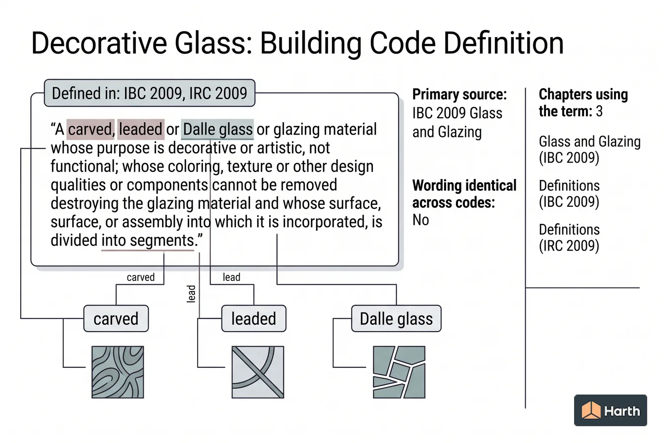 Labeled code-term definition diagram: Decorative Glass: Building Code Definition