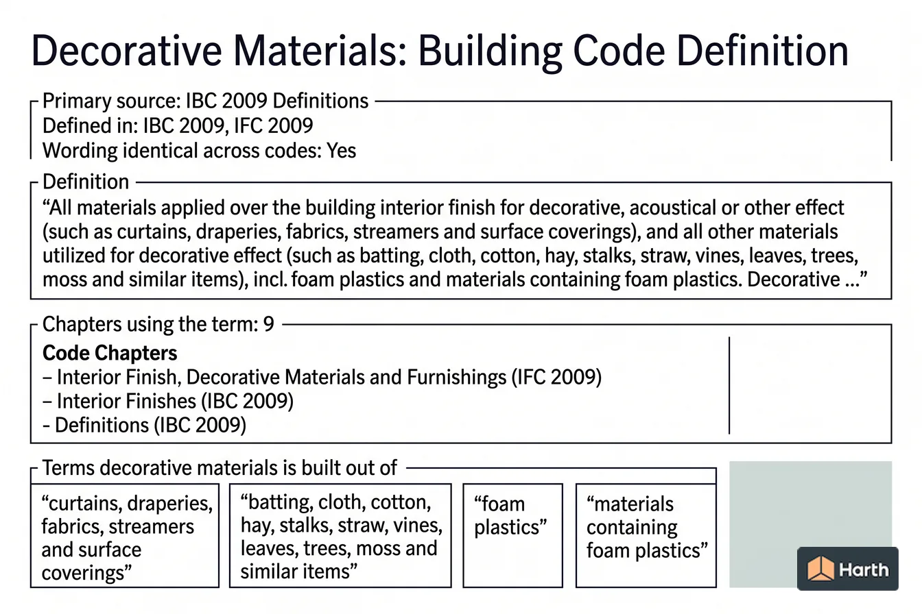 Labeled code-term definition diagram: Decorative Materials: Building Code Definition