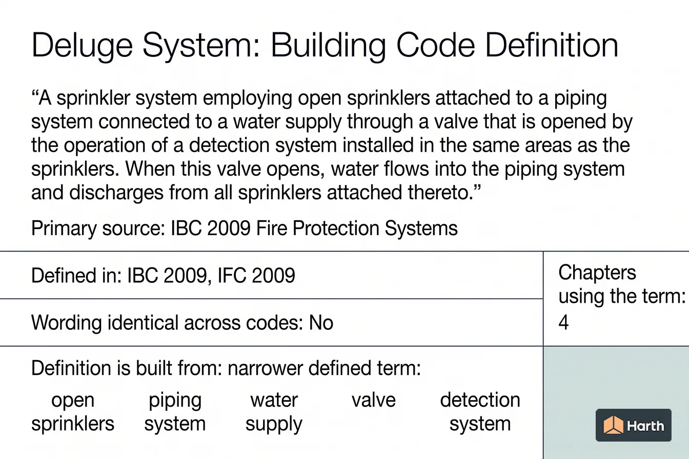 Labeled code-term definition diagram: Deluge System: Building Code Definition