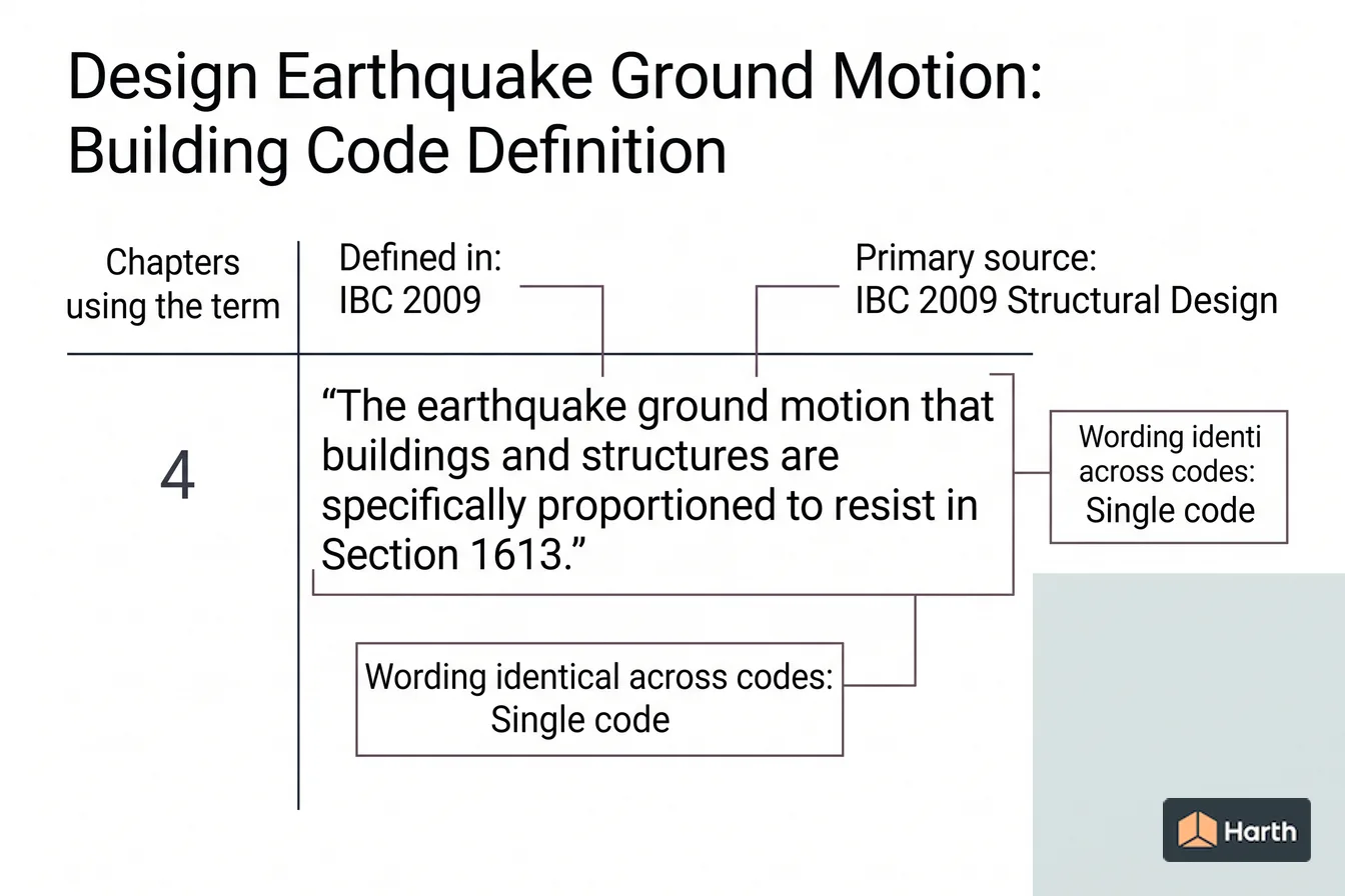 Labeled code-term definition diagram: Design Earthquake Ground Motion: Building Code Definition