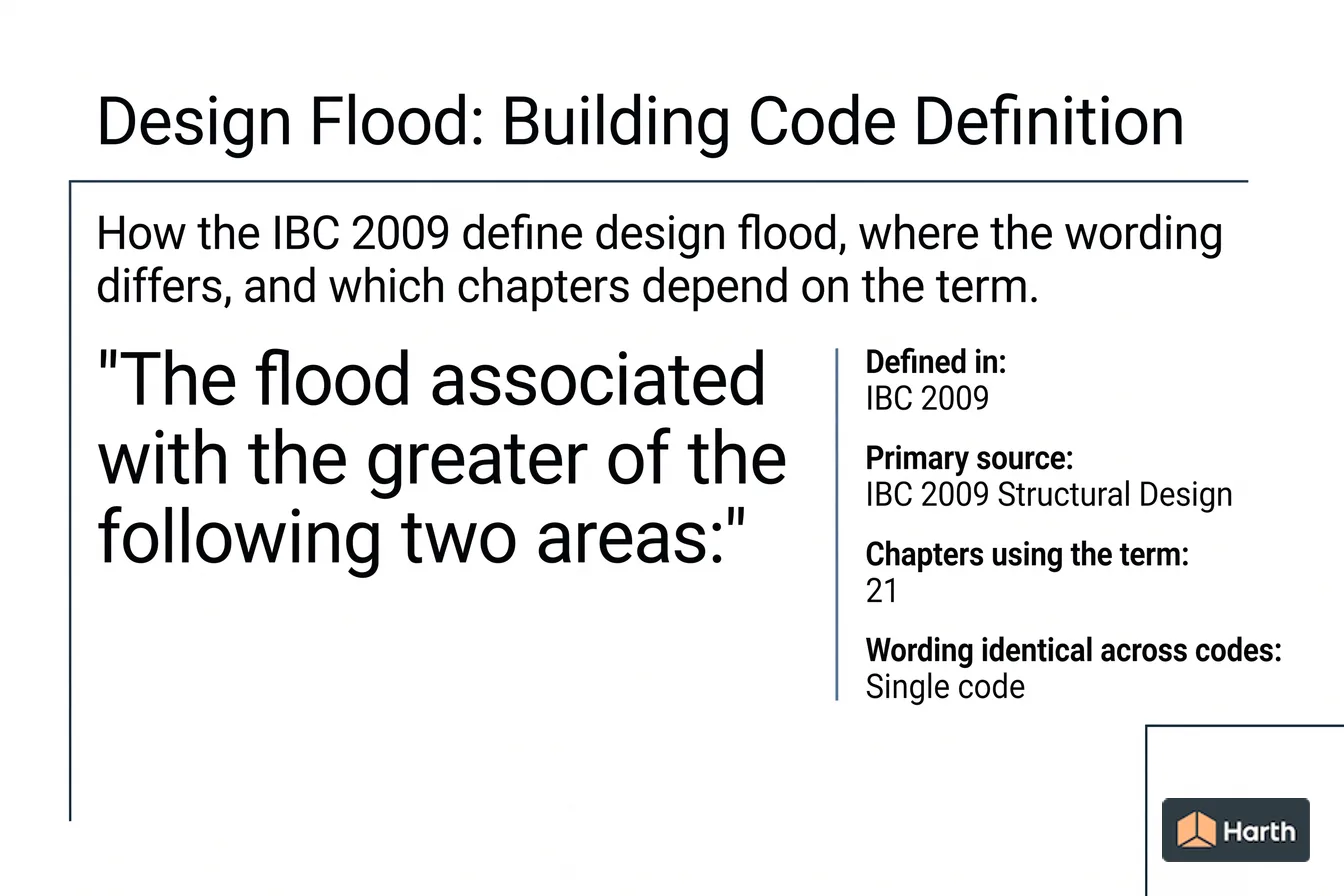 Labeled code-term definition diagram: Design Flood: Building Code Definition