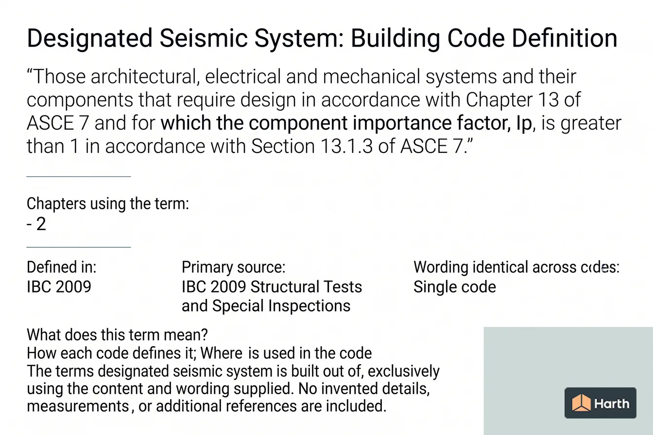 Labeled code-term definition diagram: Designated Seismic System: Building Code Definition