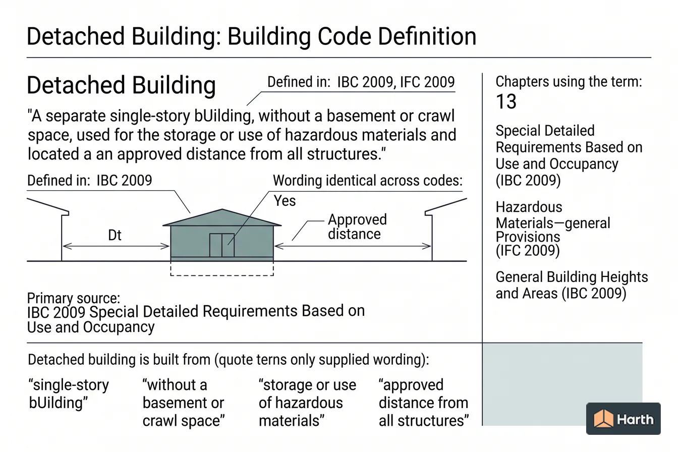 Labeled code-term definition diagram: Detached Building: Building Code Definition