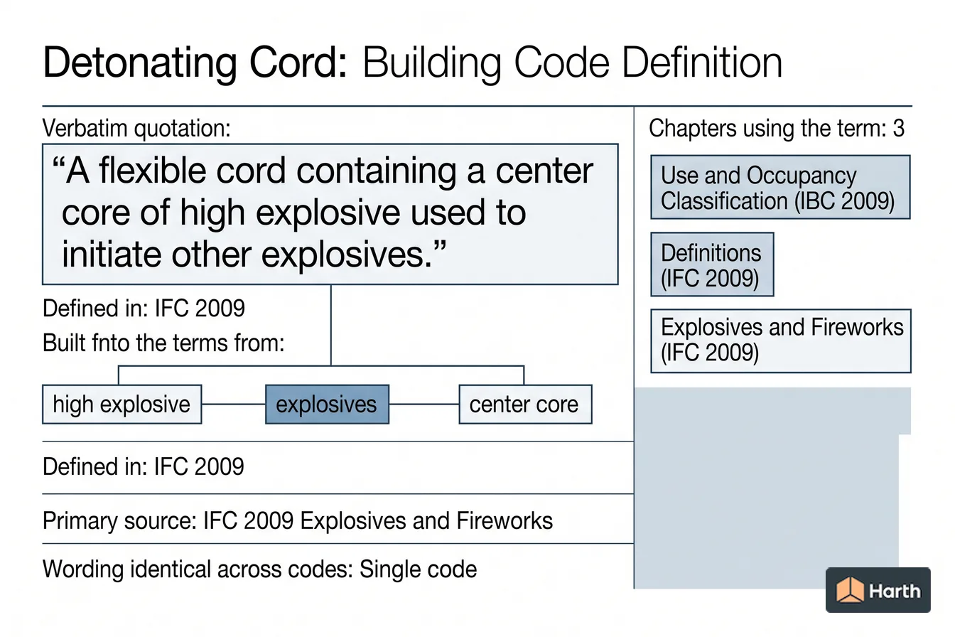 Labeled code-term definition diagram: Detonating Cord: Building Code Definition