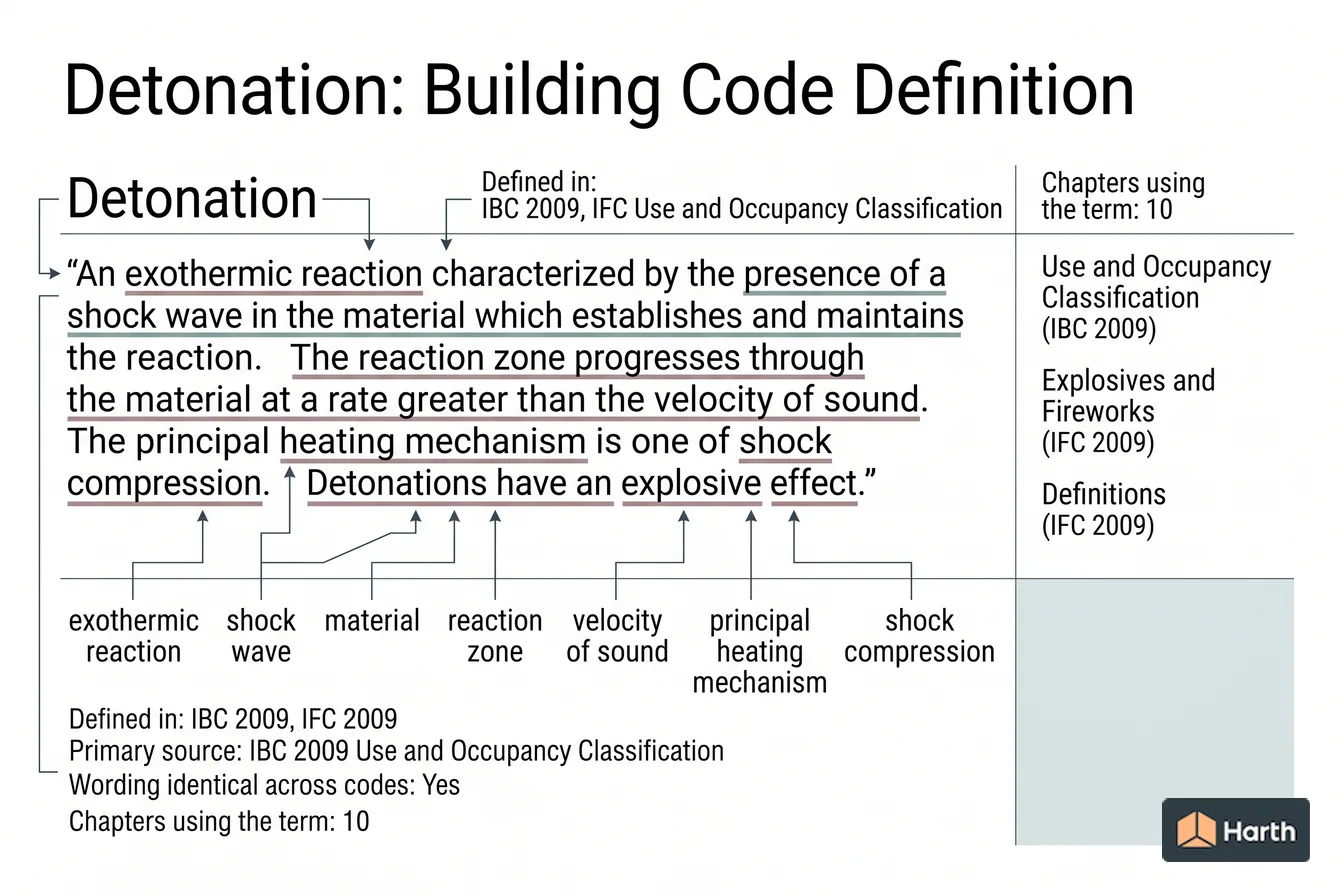 Labeled code-term definition diagram: Detonation: Building Code Definition
