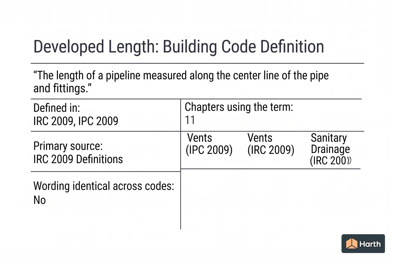 Labeled code-term definition diagram: Developed Length: Building Code Definition