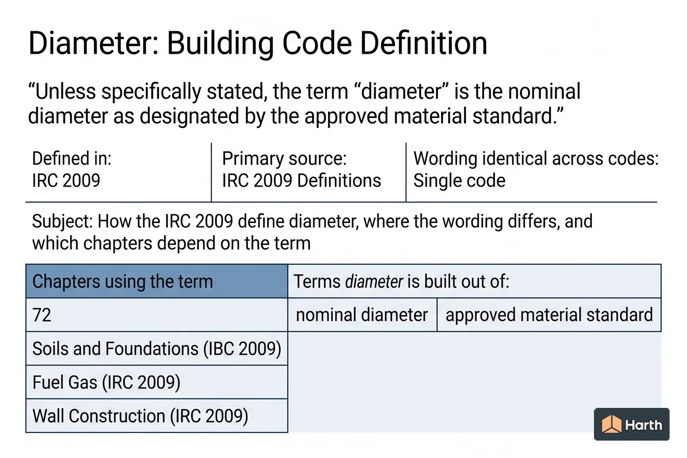 Labeled code-term definition diagram: Diameter: Building Code Definition