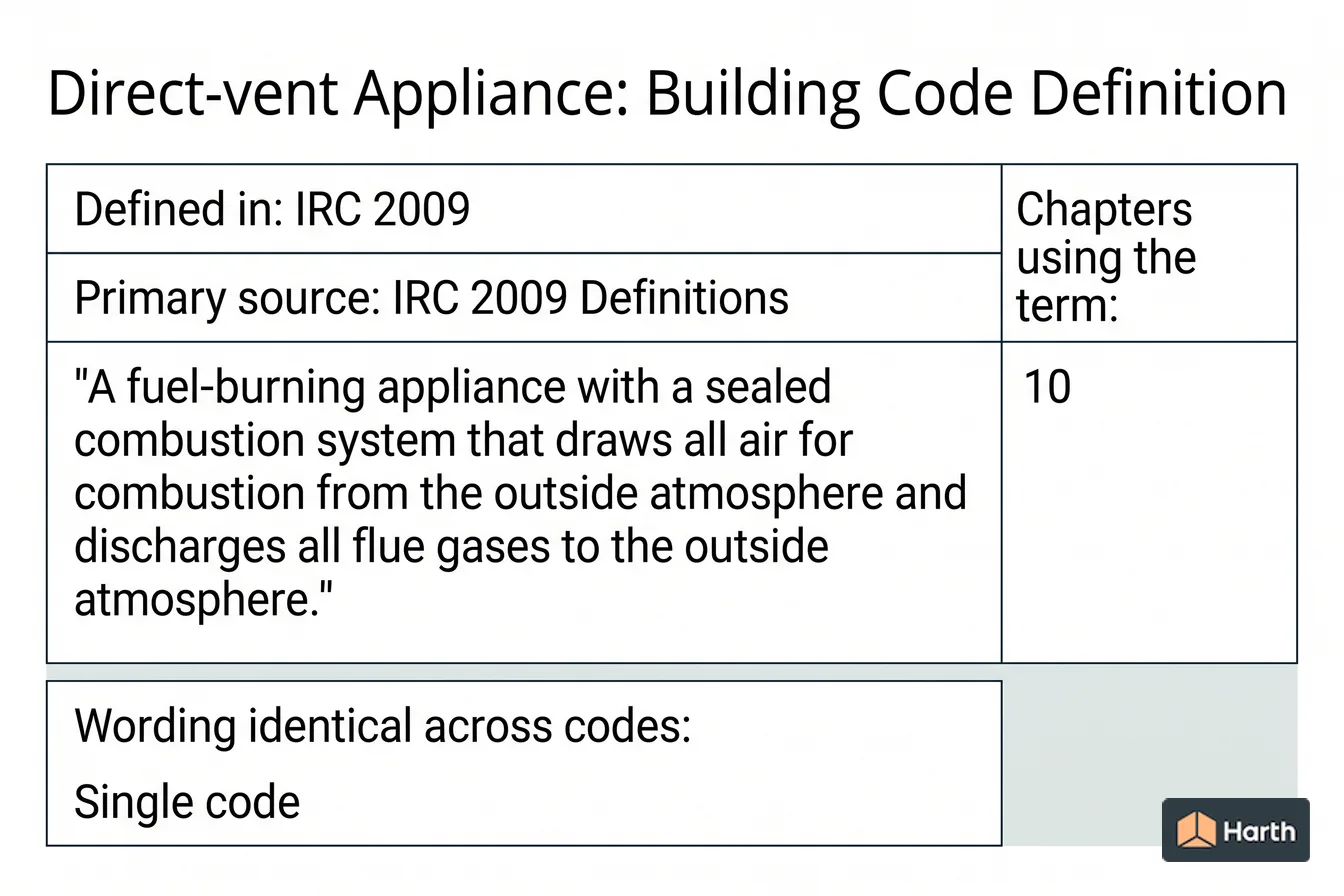 Labeled code-term definition diagram: Direct-vent Appliance: Building Code Definition
