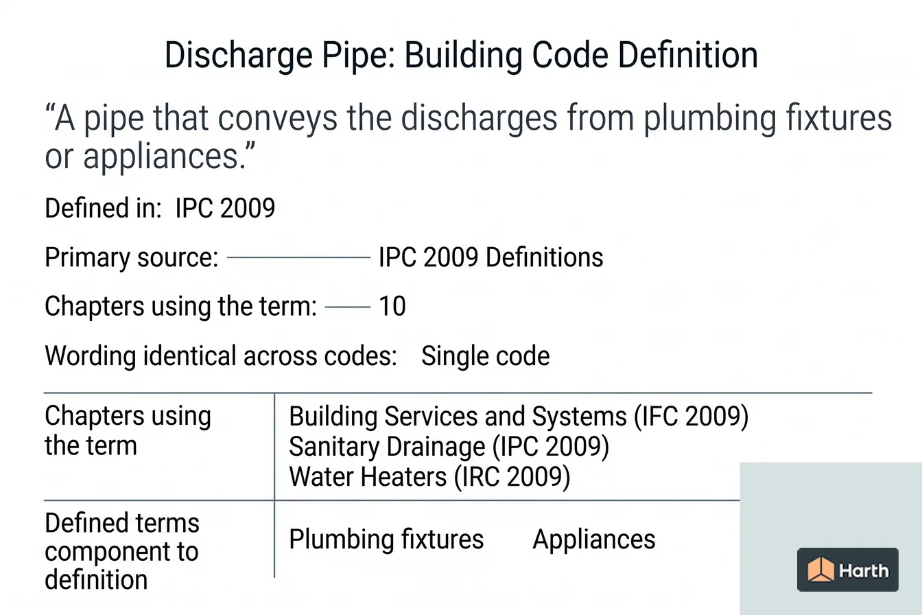 Labeled code-term definition diagram: Discharge Pipe: Building Code Definition