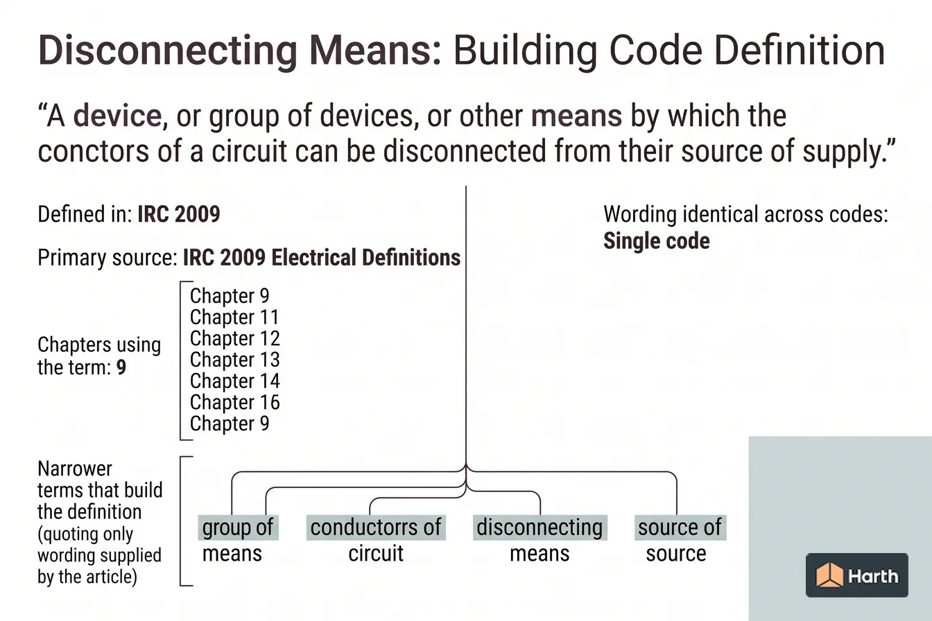 Labeled code-term definition diagram: Disconnecting Means: Building Code Definition