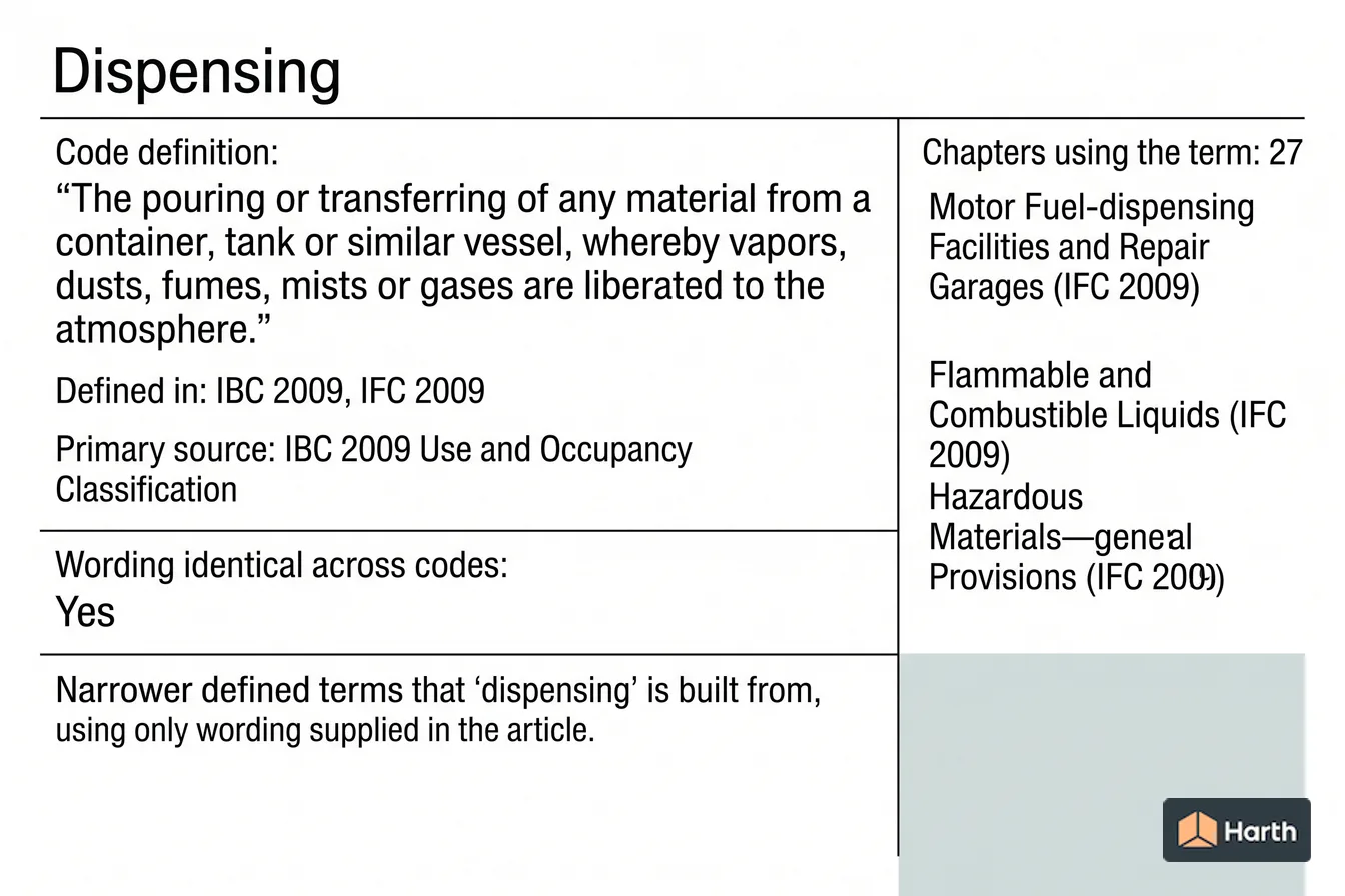 Labeled code-term definition diagram: Dispensing: Building Code Definition