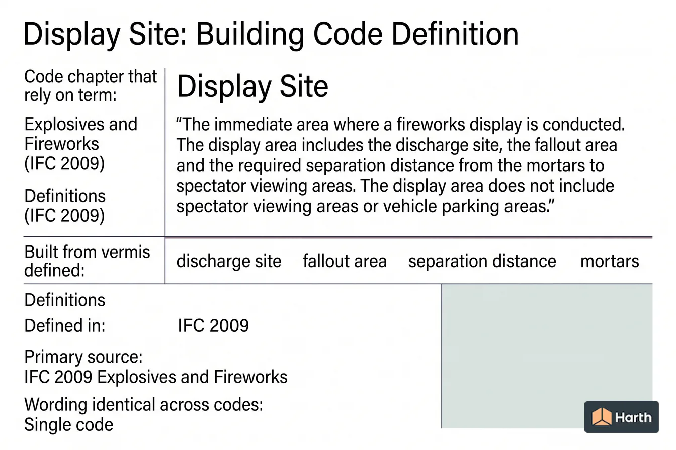Labeled code-term definition diagram: Display Site: Building Code Definition