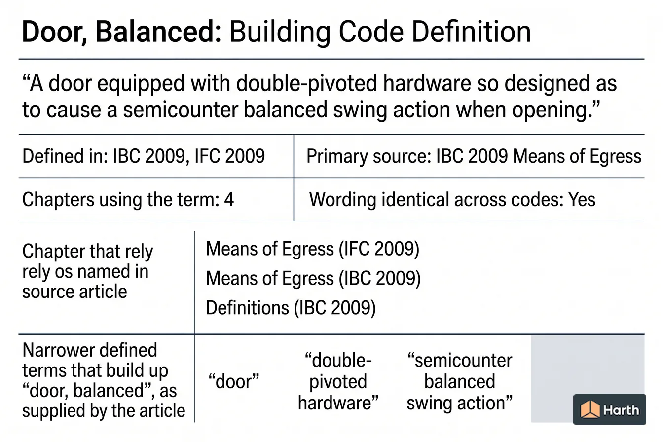 Labeled code-term definition diagram: Door, Balanced: Building Code Definition