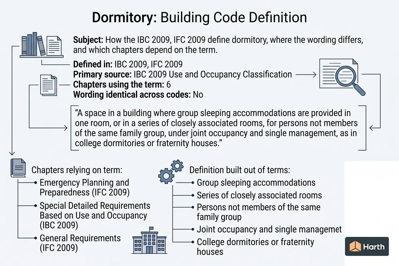 Labeled code-term definition diagram: Dormitory: Building Code Definition