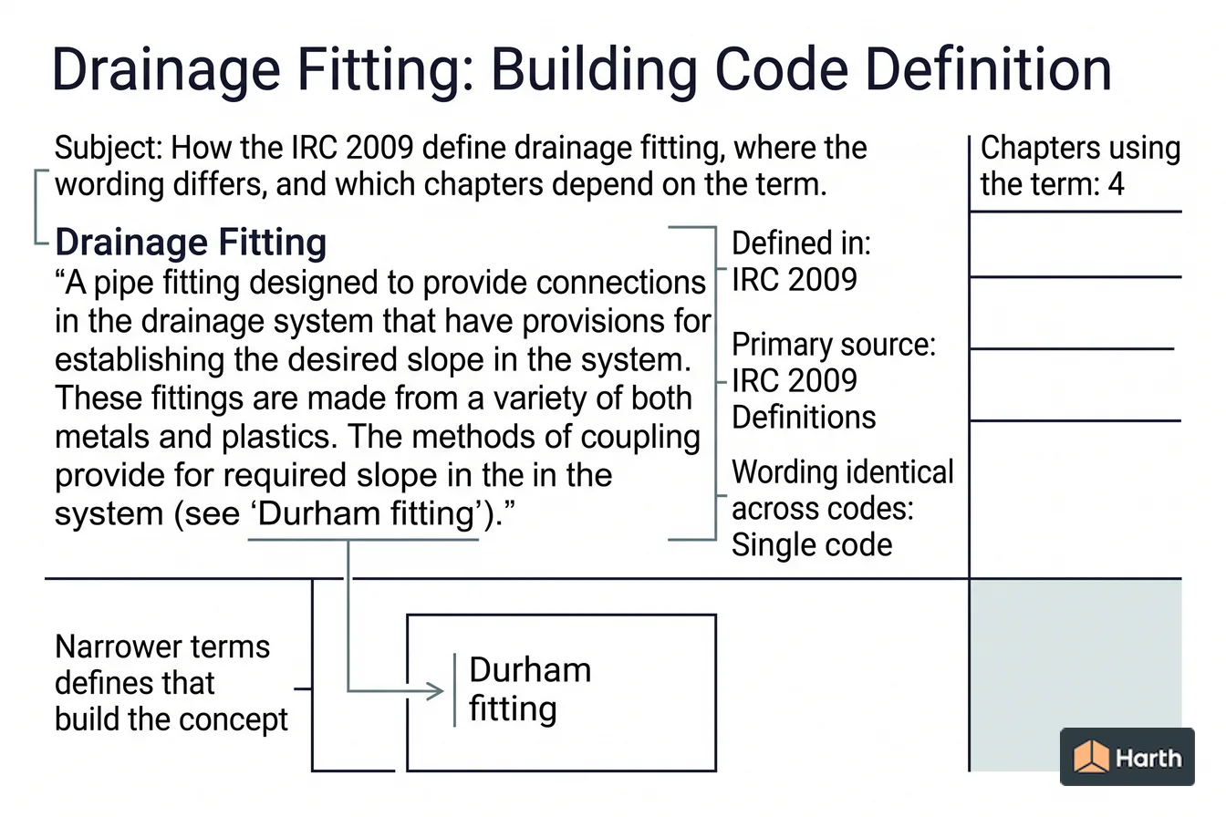 Labeled code-term definition diagram: Drainage Fitting: Building Code Definition