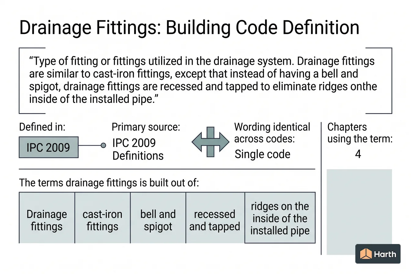 Labeled code-term definition diagram: Drainage Fittings: Building Code Definition