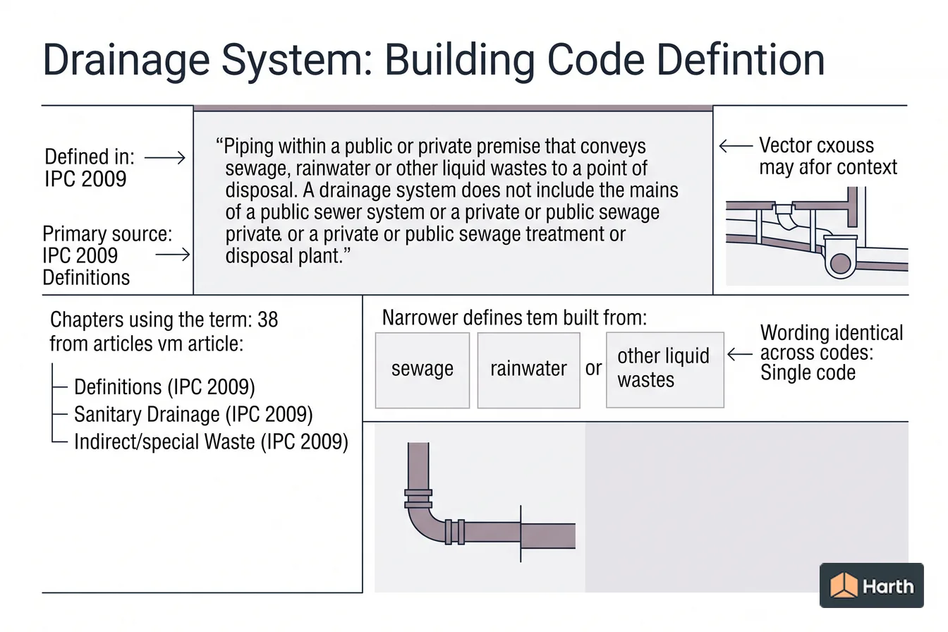 Labeled code-term definition diagram: Drainage System: Building Code Definition