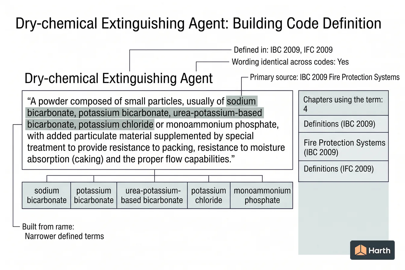 Labeled code-term definition diagram: Dry-chemical Extinguishing Agent: Building Code Definition