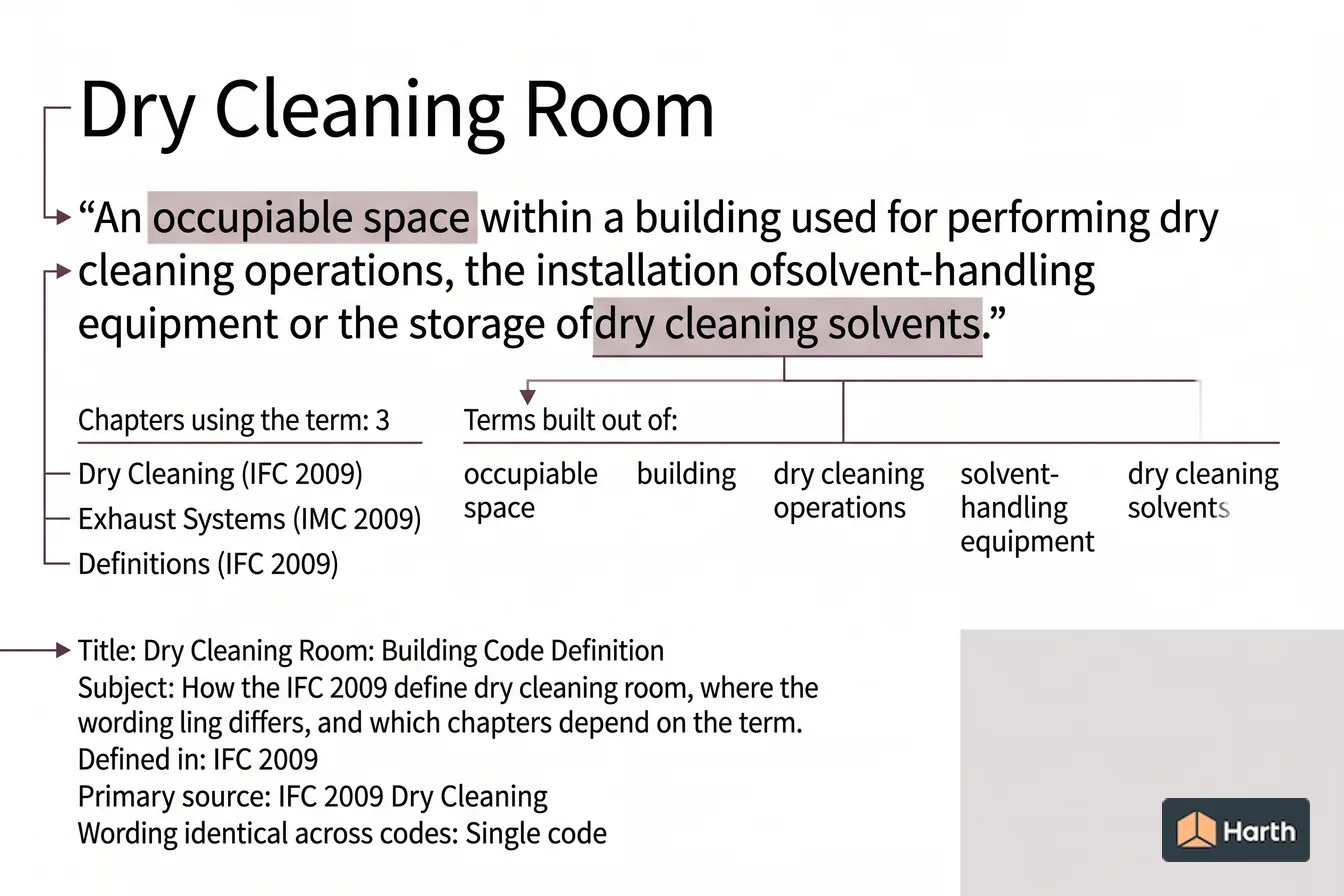 Labeled code-term definition diagram: Dry Cleaning Room: Building Code Definition