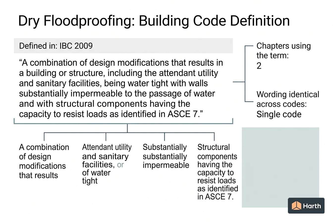 Labeled code-term definition diagram: Dry Floodproofing: Building Code Definition