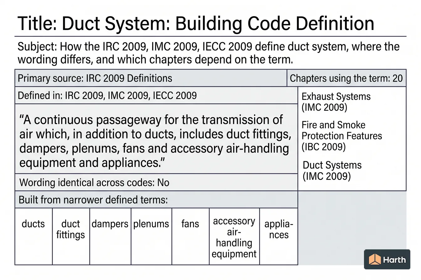 Labeled code-term definition diagram: Duct System: Building Code Definition