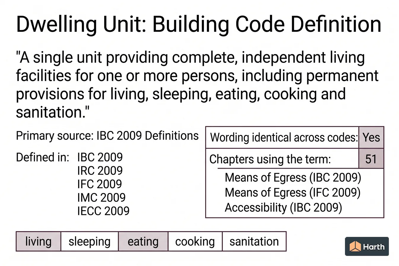 Labeled code-term definition diagram: Dwelling Unit: Building Code Definition