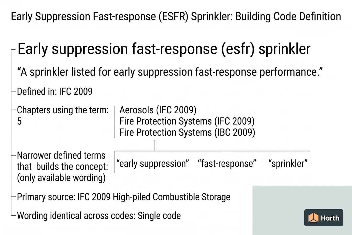 Labeled code-term definition diagram: Early Suppression Fast-response (ESFR) Sprinkler: Building Code Definition