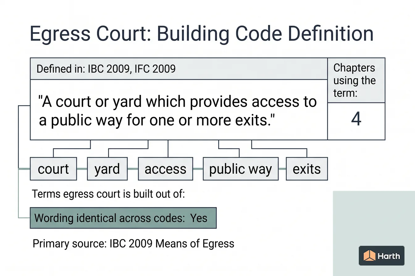 Labeled code-term definition diagram: Egress Court: Building Code Definition