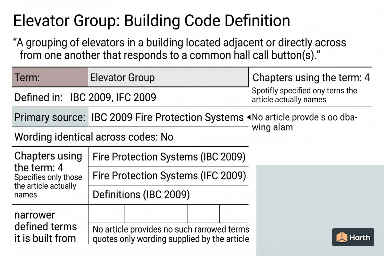 Labeled code-term definition diagram: Elevator Group: Building Code Definition
