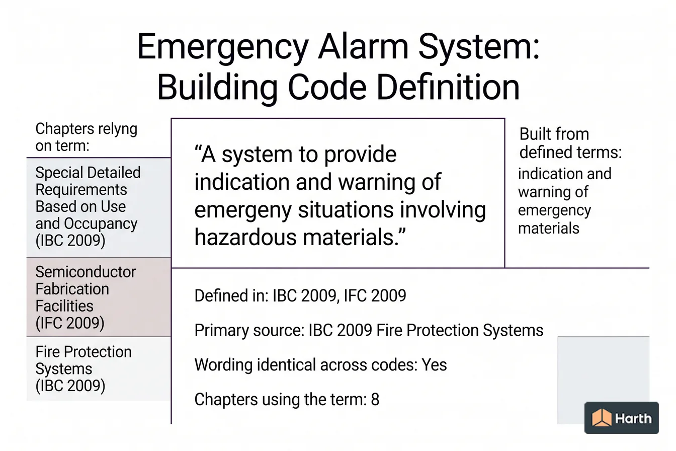 Labeled code-term definition diagram: Emergency Alarm System: Building Code Definition