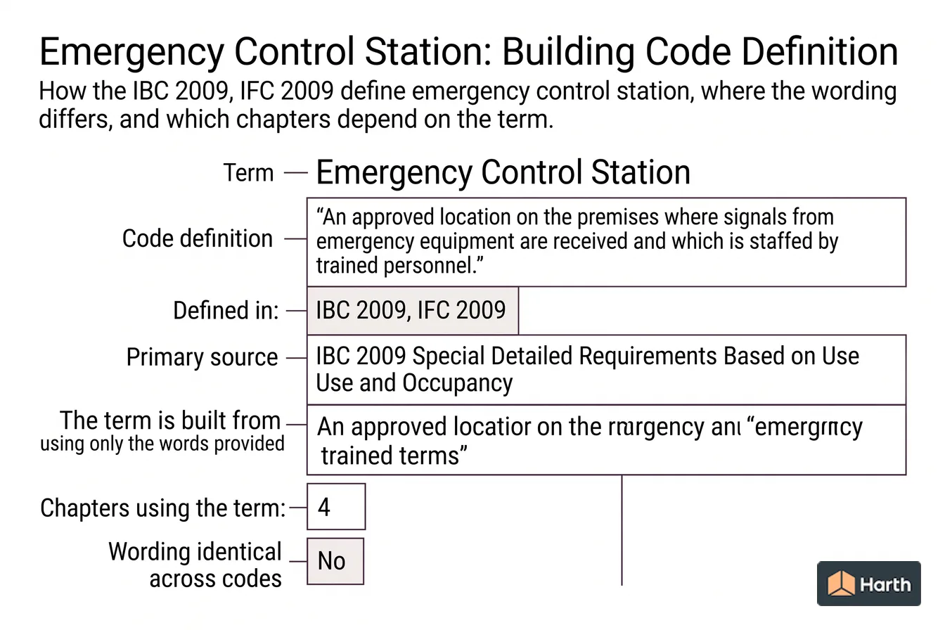 Labeled code-term definition diagram: Emergency Control Station: Building Code Definition