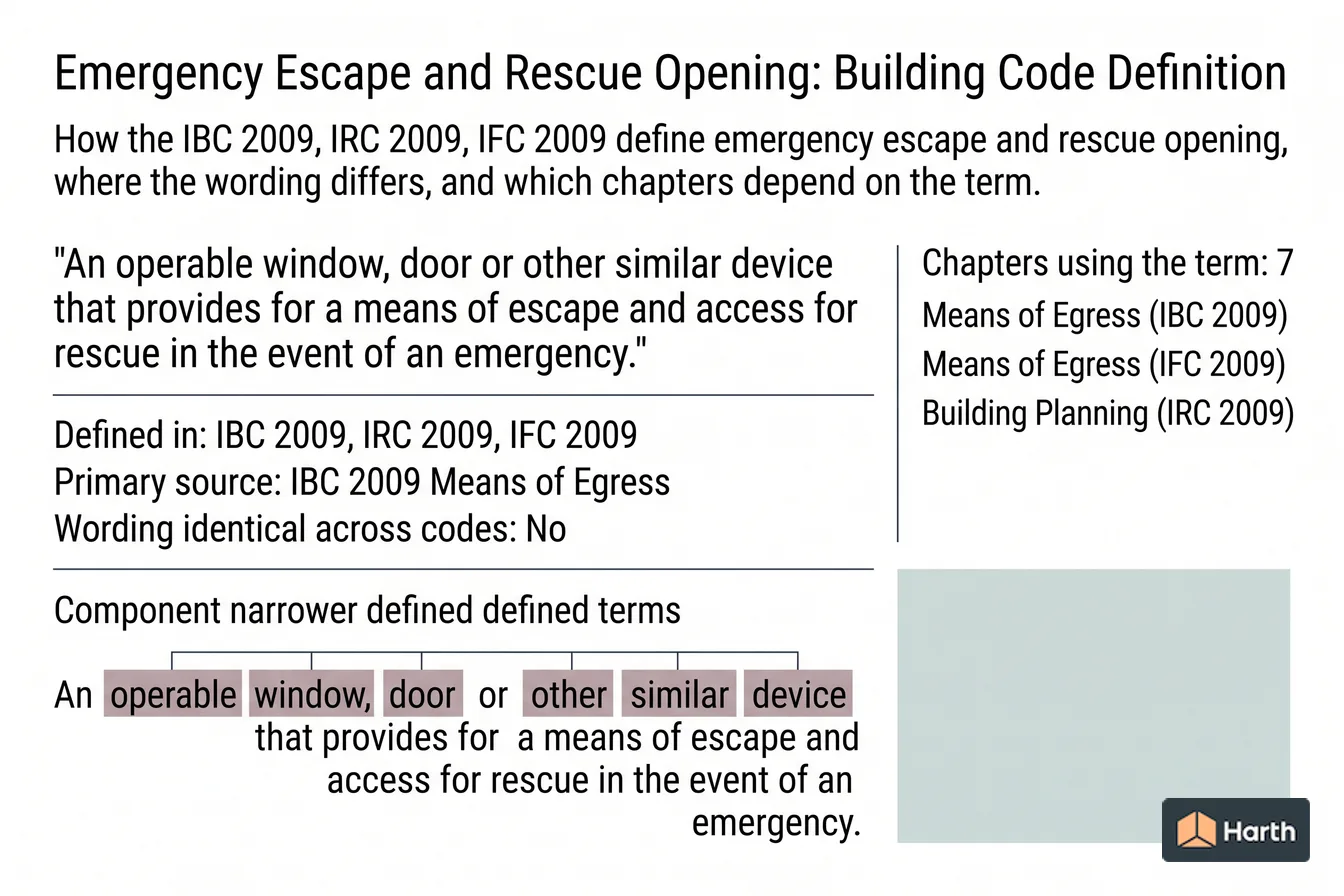 Labeled code-term definition diagram: Emergency Escape and Rescue Opening: Building Code Definition