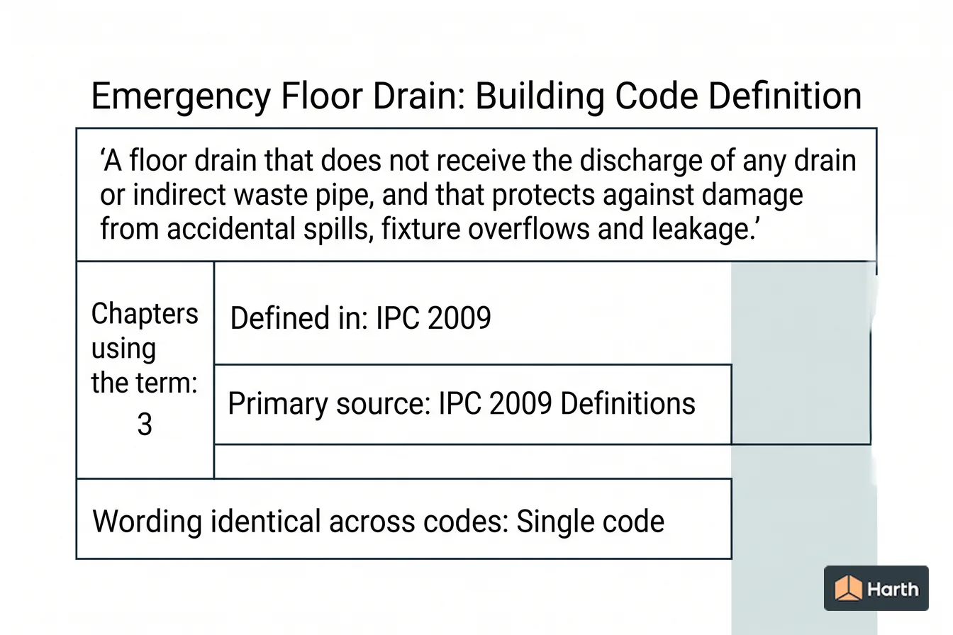 Labeled code-term definition diagram: Emergency Floor Drain: Building Code Definition
