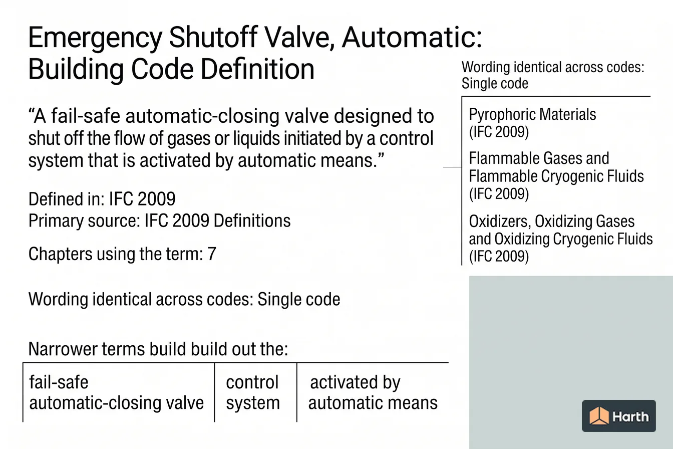 Labeled code-term definition diagram: Emergency Shutoff Valve, Automatic: Building Code Definition