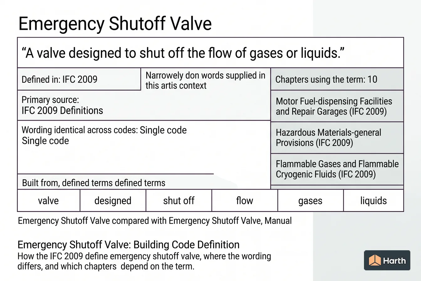 Labeled code-term definition diagram: Emergency Shutoff Valve: Building Code Definition