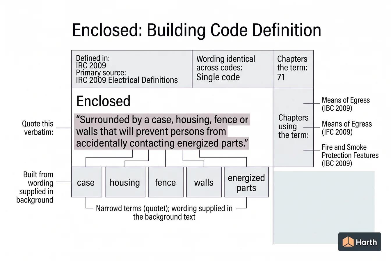 Labeled code-term definition diagram: Enclosed: Building Code Definition